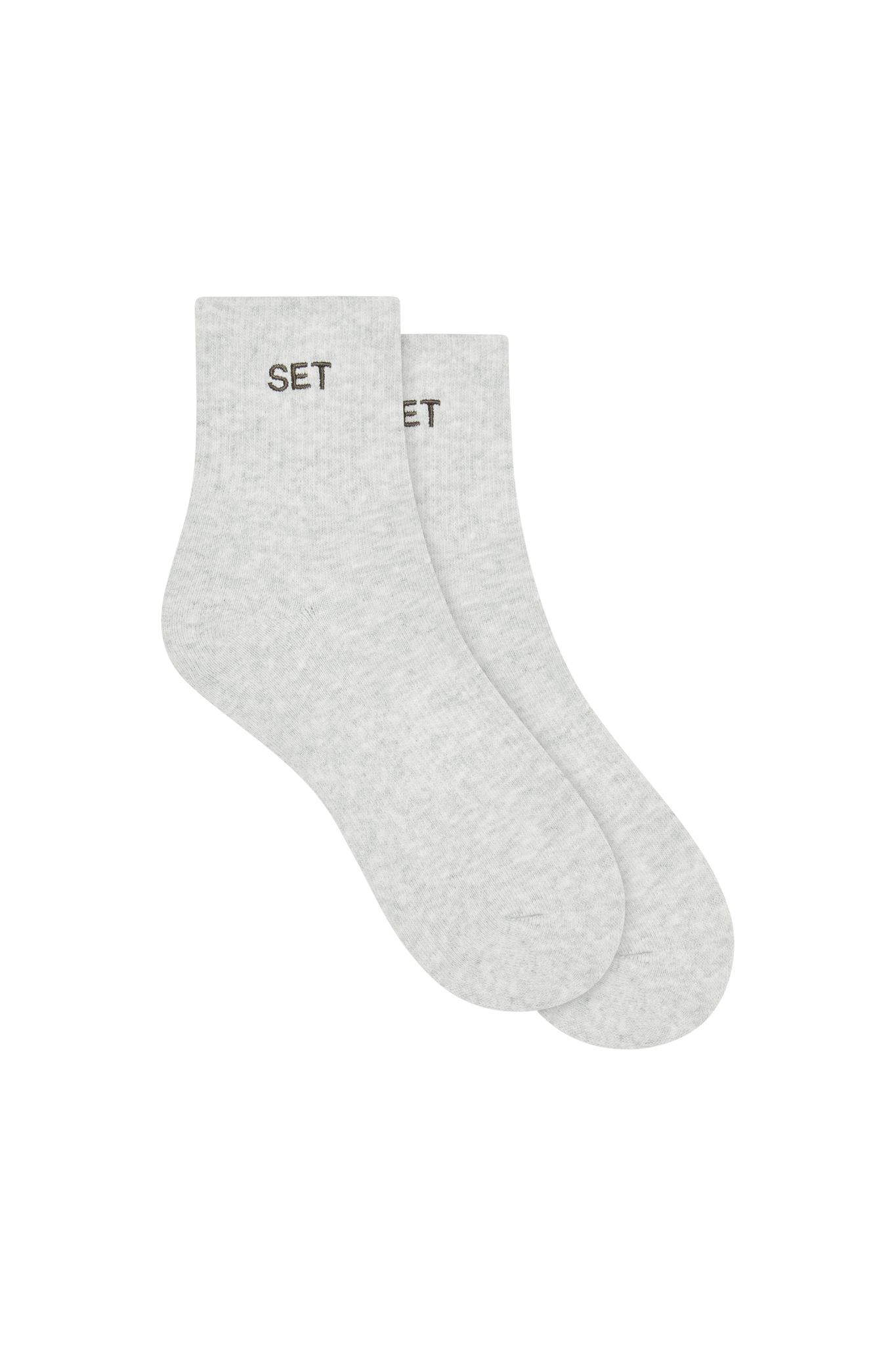 Two pairs of gray socks with grey 'SET' branding on a white background