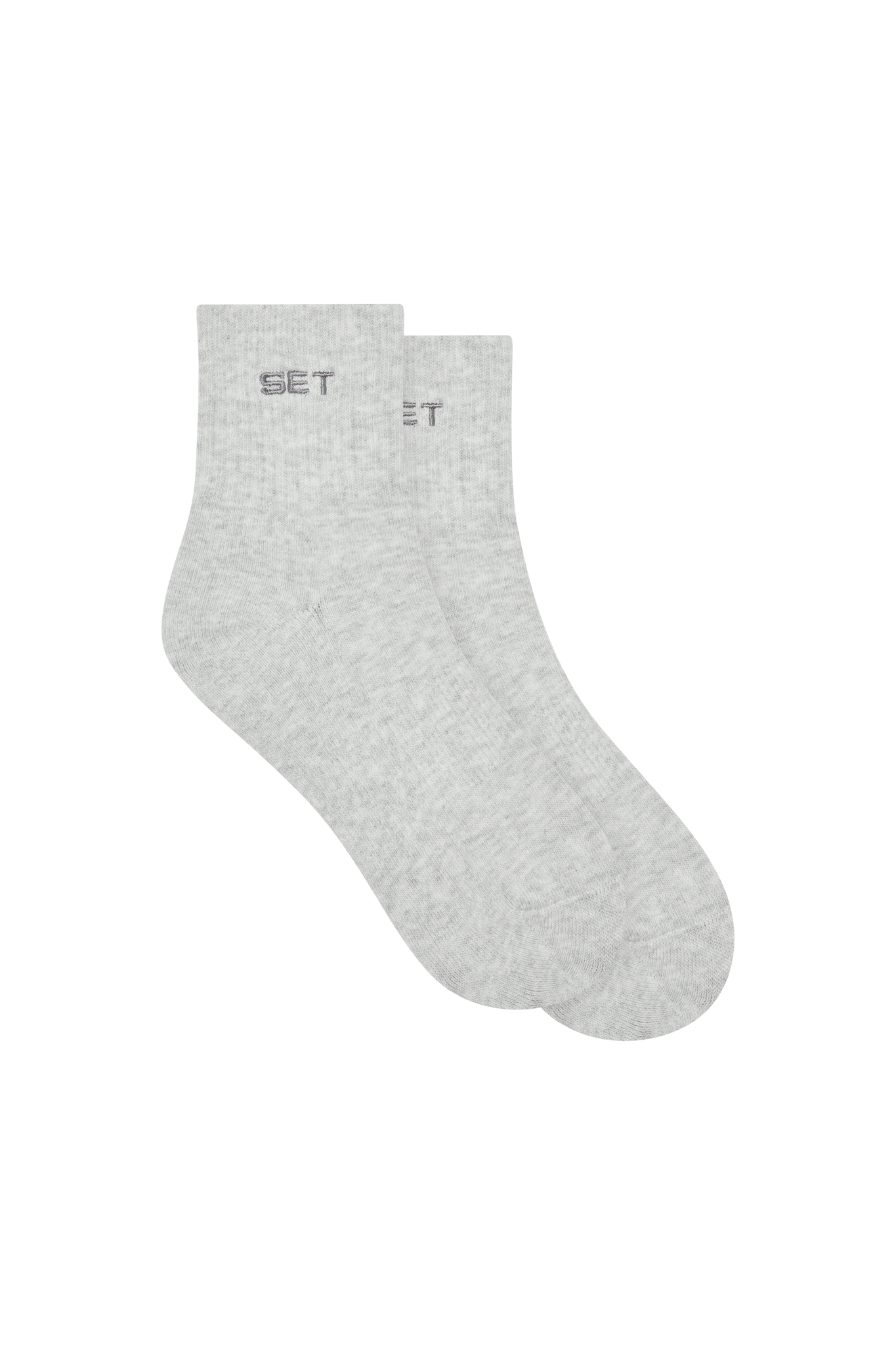 Pair of gray socks with 'SET' branding on a white background
