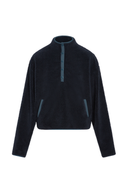 Black fleece jacket with a quarter zip on a white background