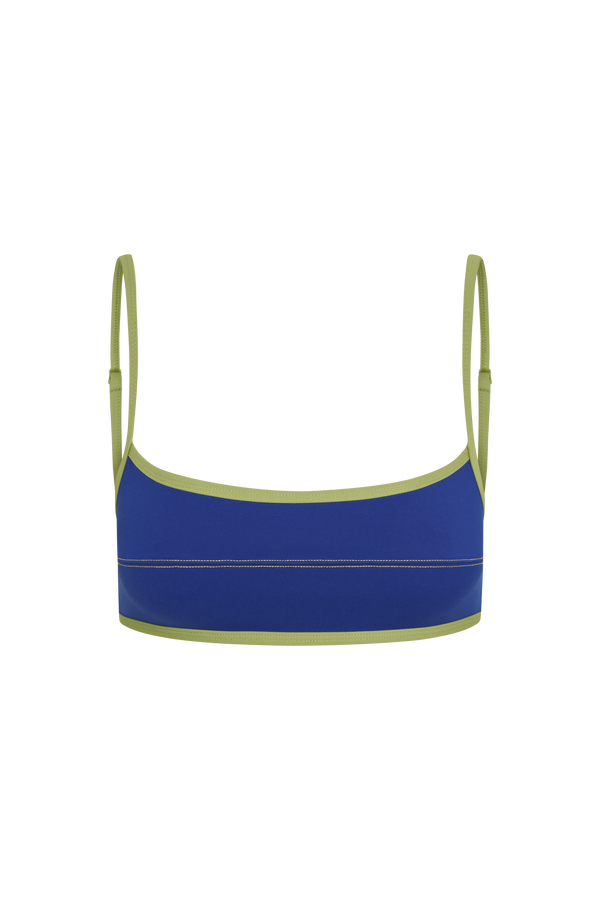 A blue bikini top with olive green trim and thin shoulder straps, shown against a plain white background.