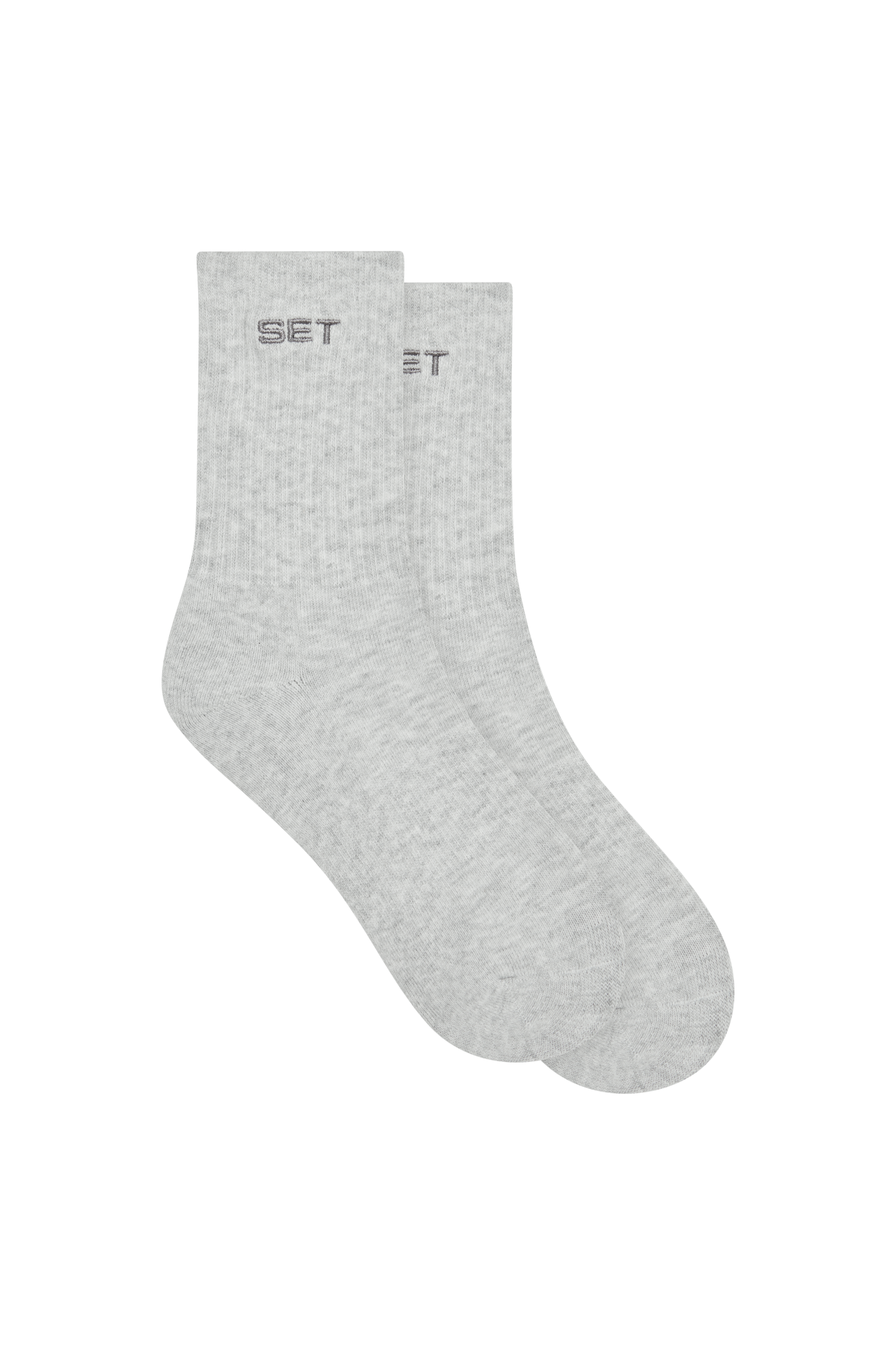 Gray socks with 'SET' branding on a white background