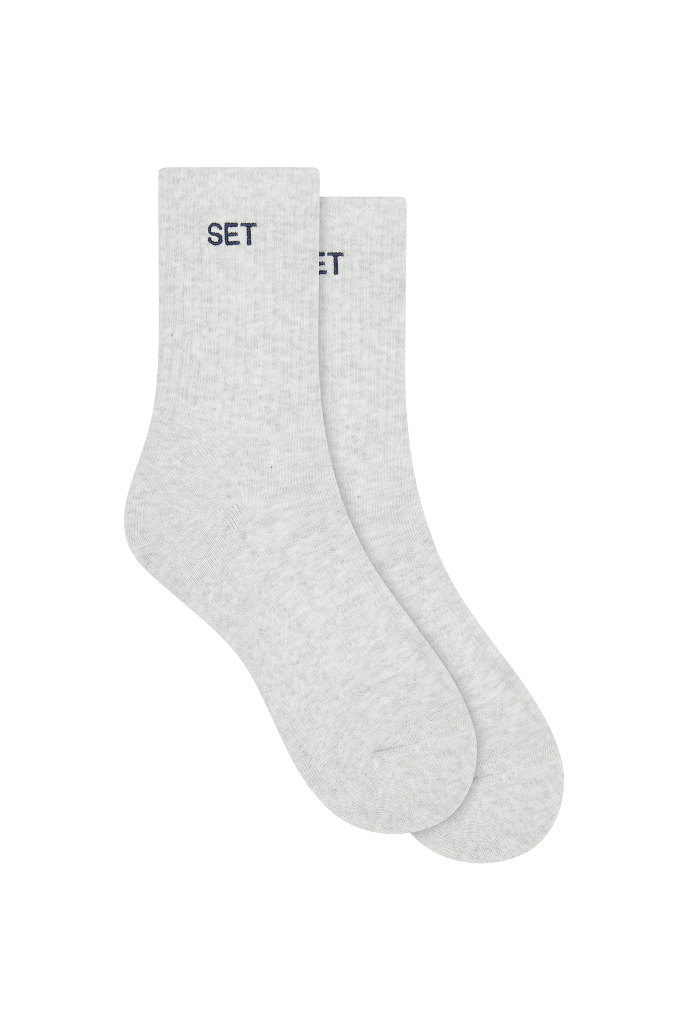 Pair of gray socks with navy 'SET' branding on a white background