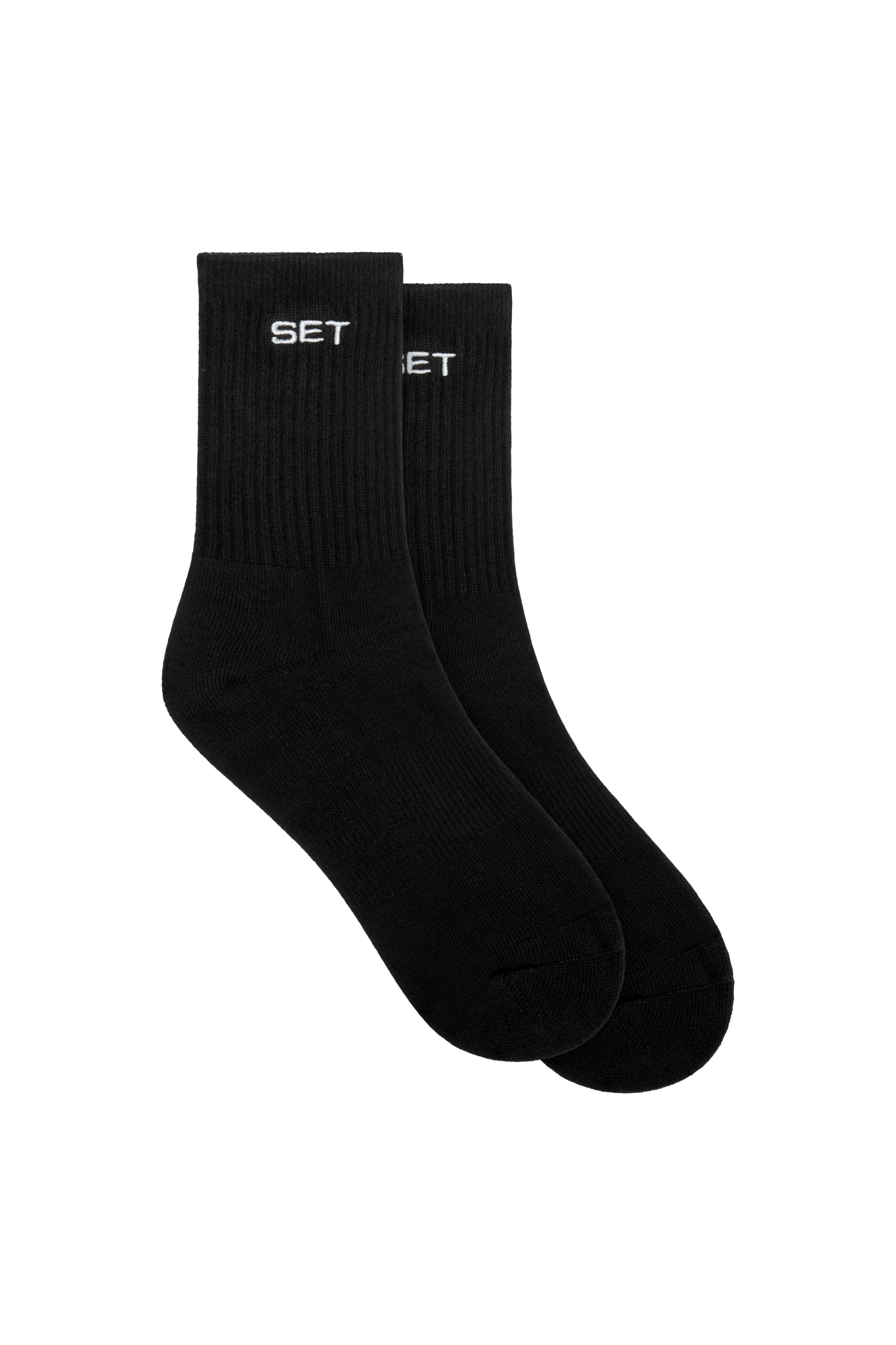 Two black socks with 'SET' branding on a white background