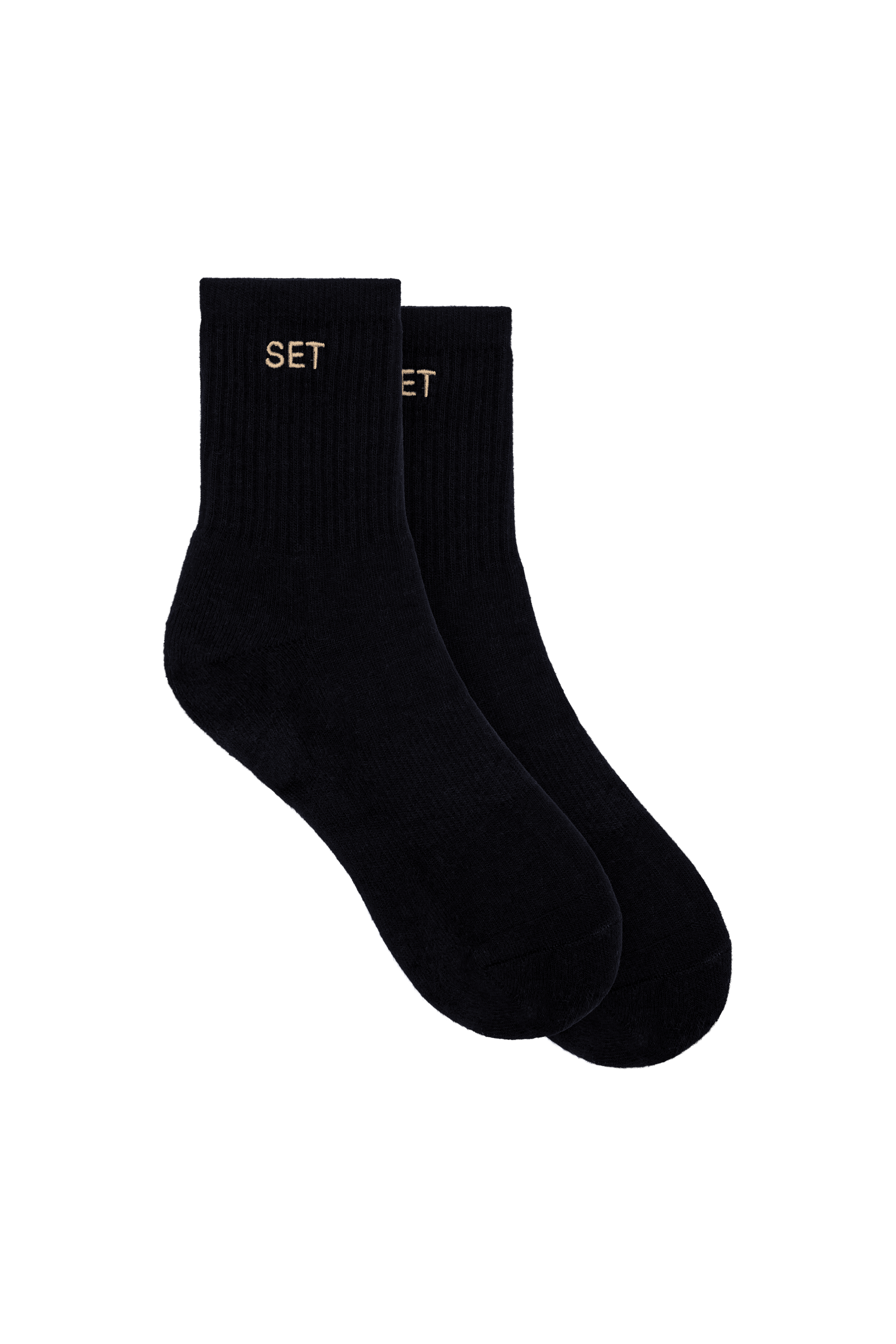 Black socks with tan 'SET' logo on white background