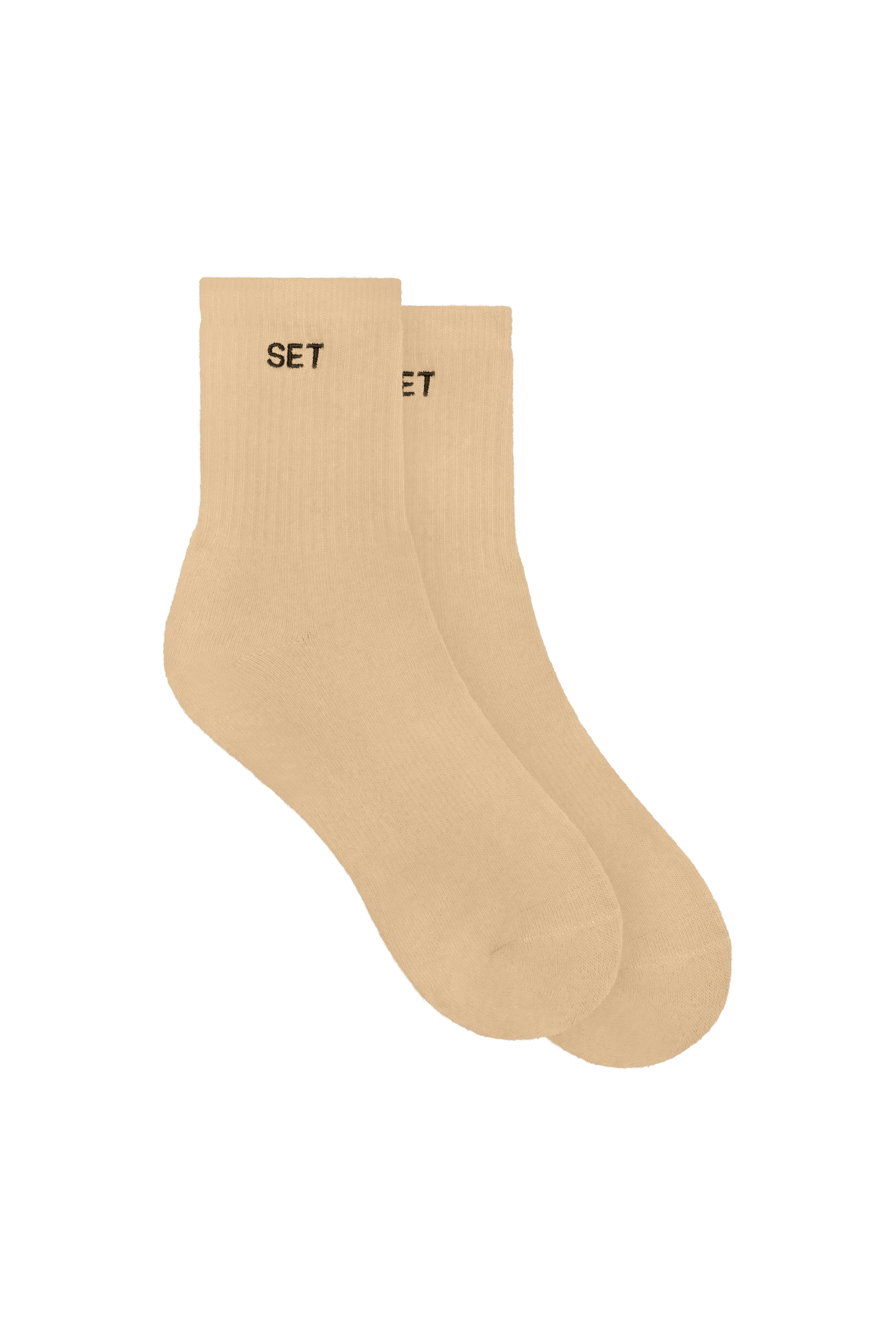 Beige socks with 'SET' branding on a white background