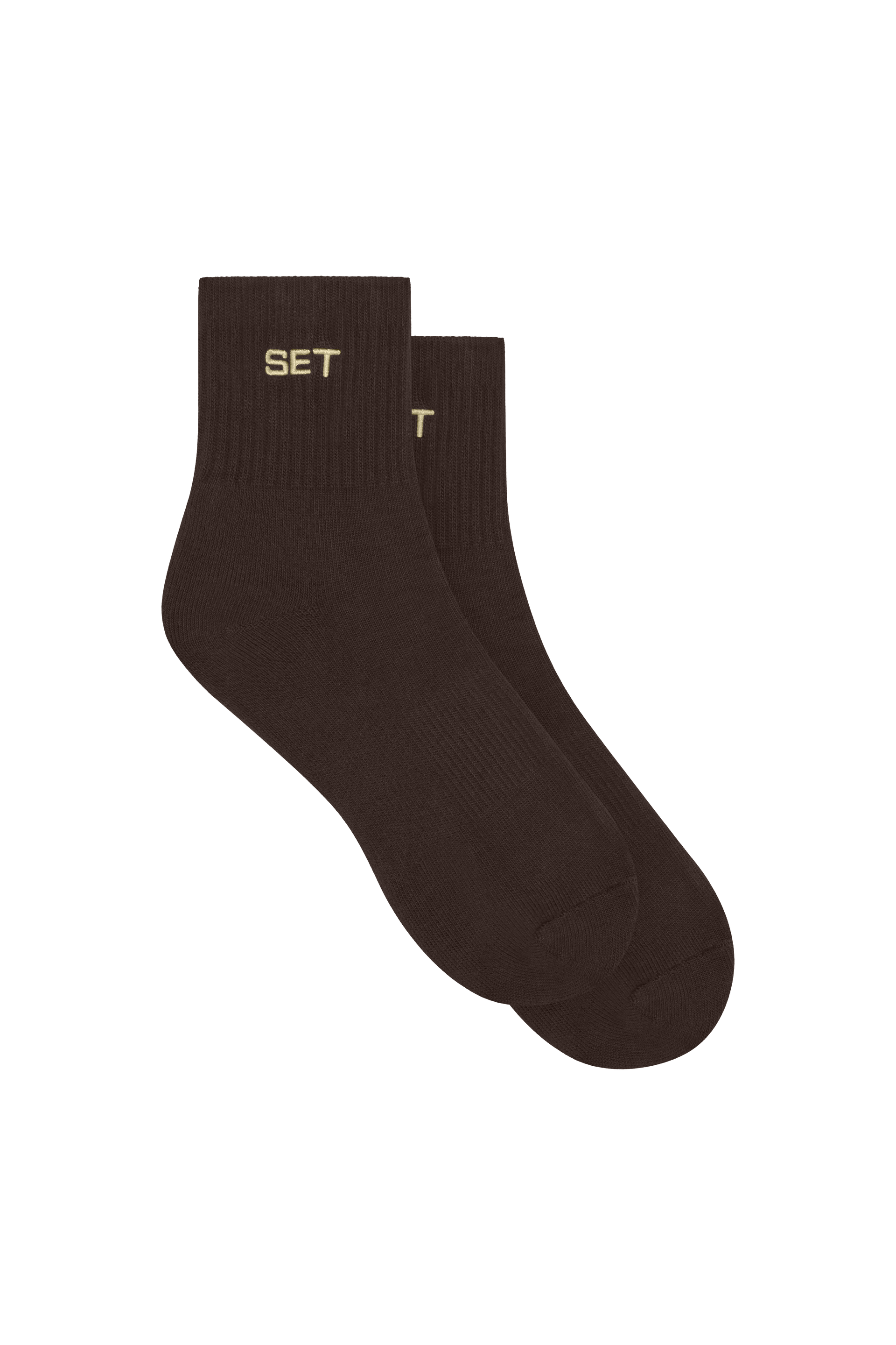 A pair of dark brown ankle socks with the word 'SET' embroidered in gold on the ribbed cuffs, displayed against a solid white background.