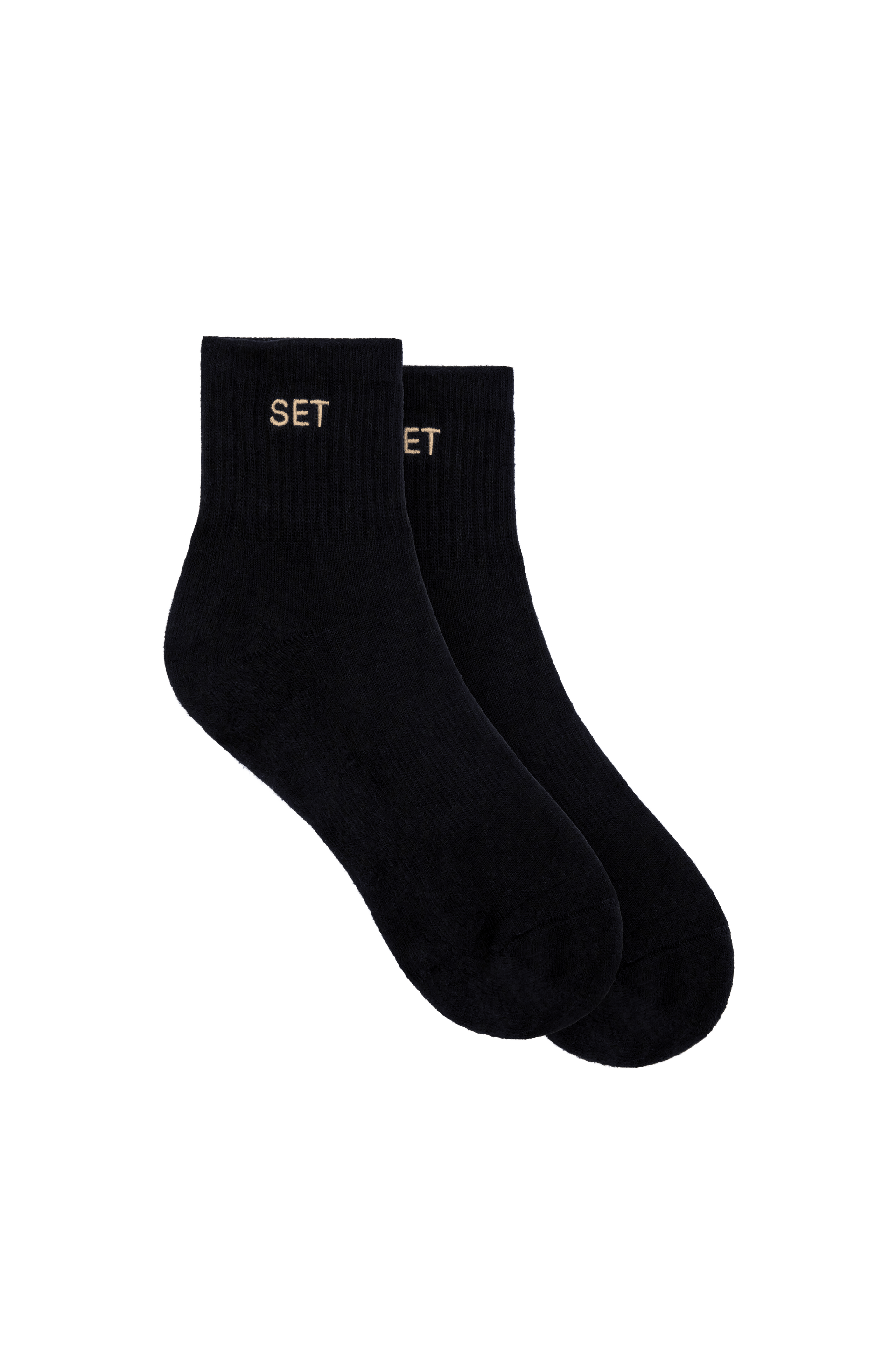 Black socks with tan logo on white background