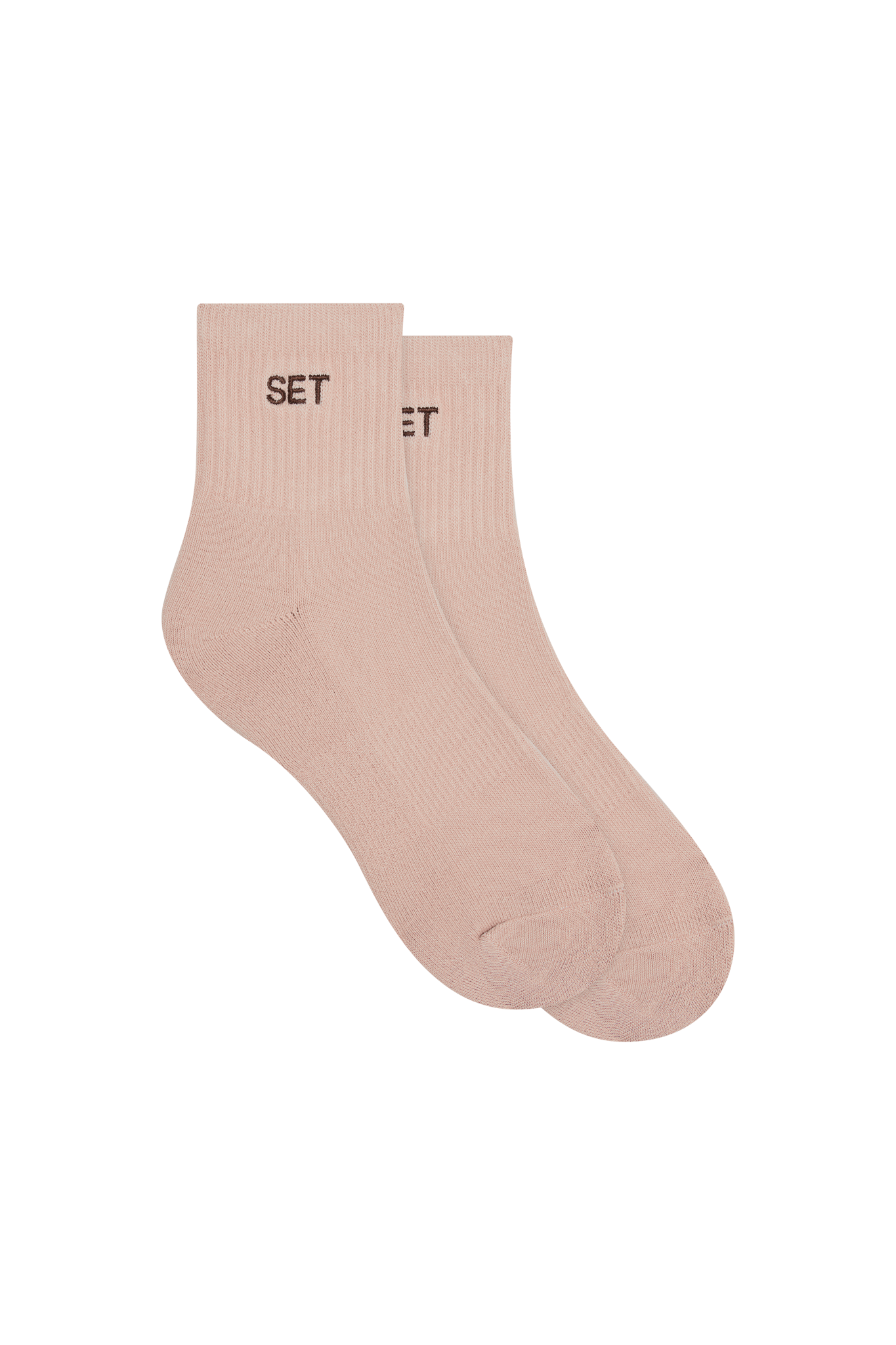 Pink socks with brown 'SET' logo