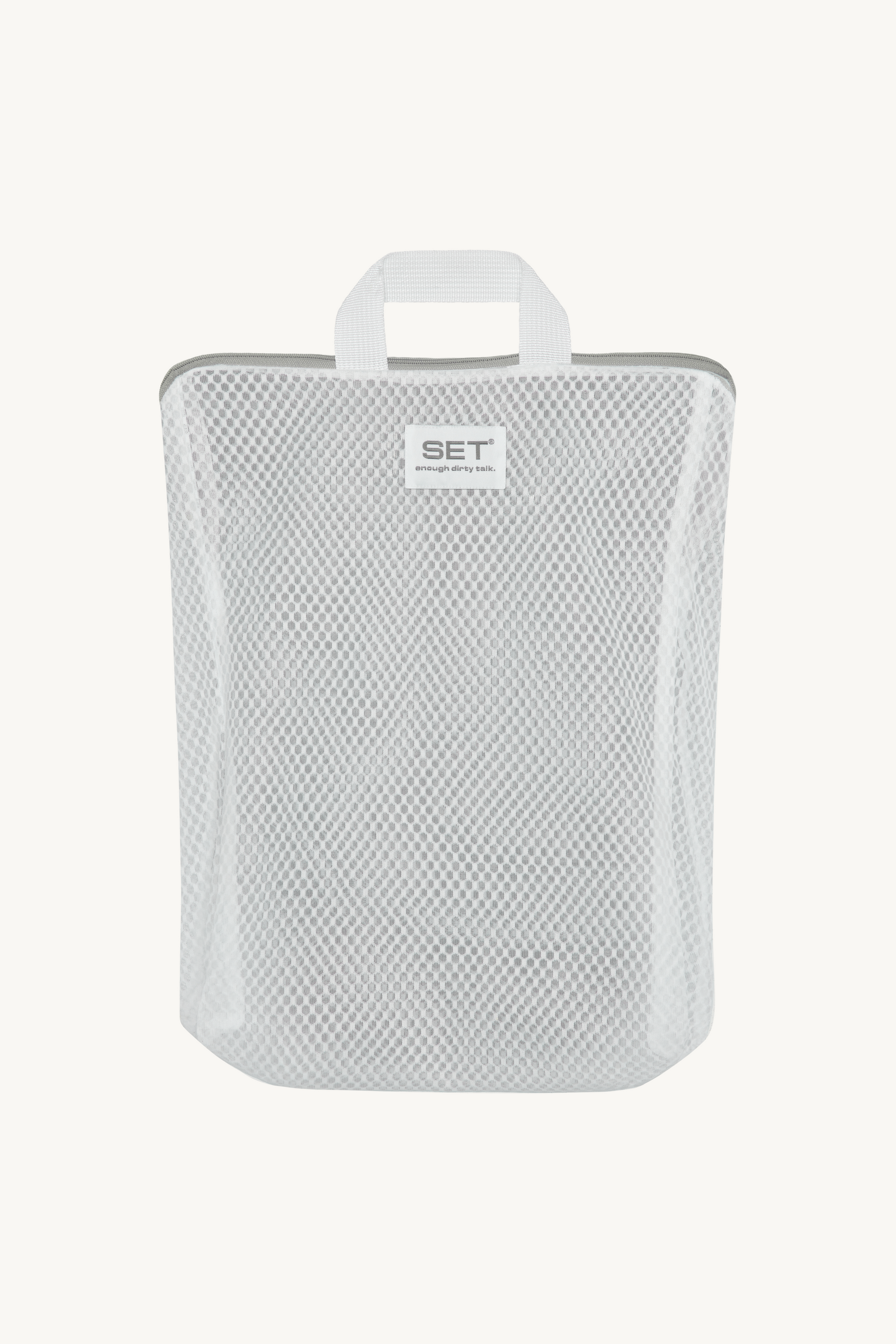 White mesh pouch with handle on a white background