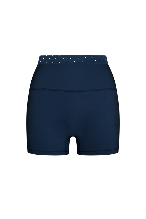 Navy blue shorts with a studded waistband on a white background