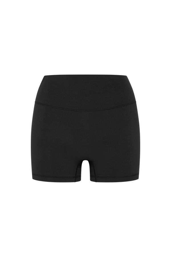 Black athletic shorts on a white background