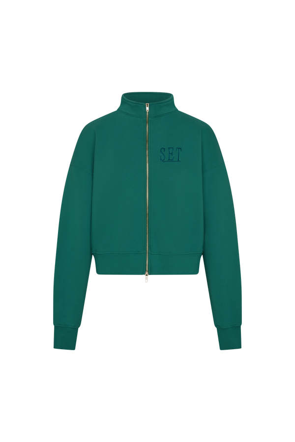 Green jacket with a zipper on a white background