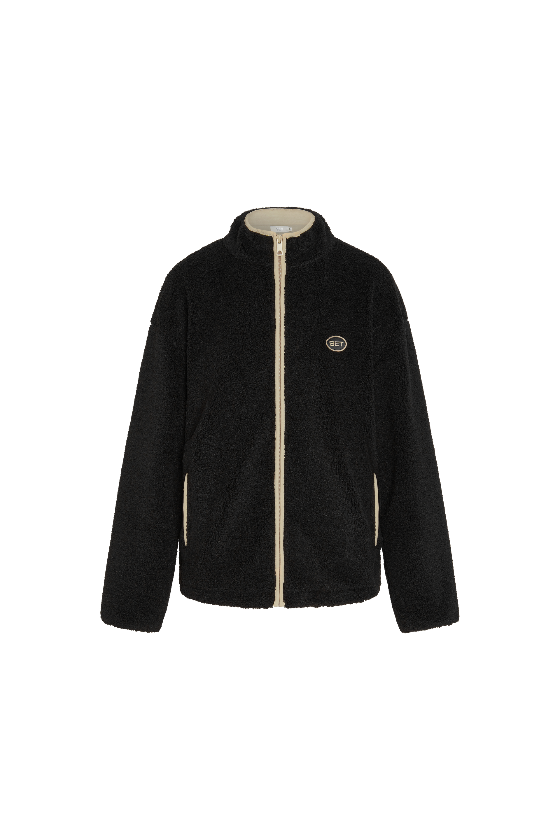 Black fleece jacket with a brand logo on a white background