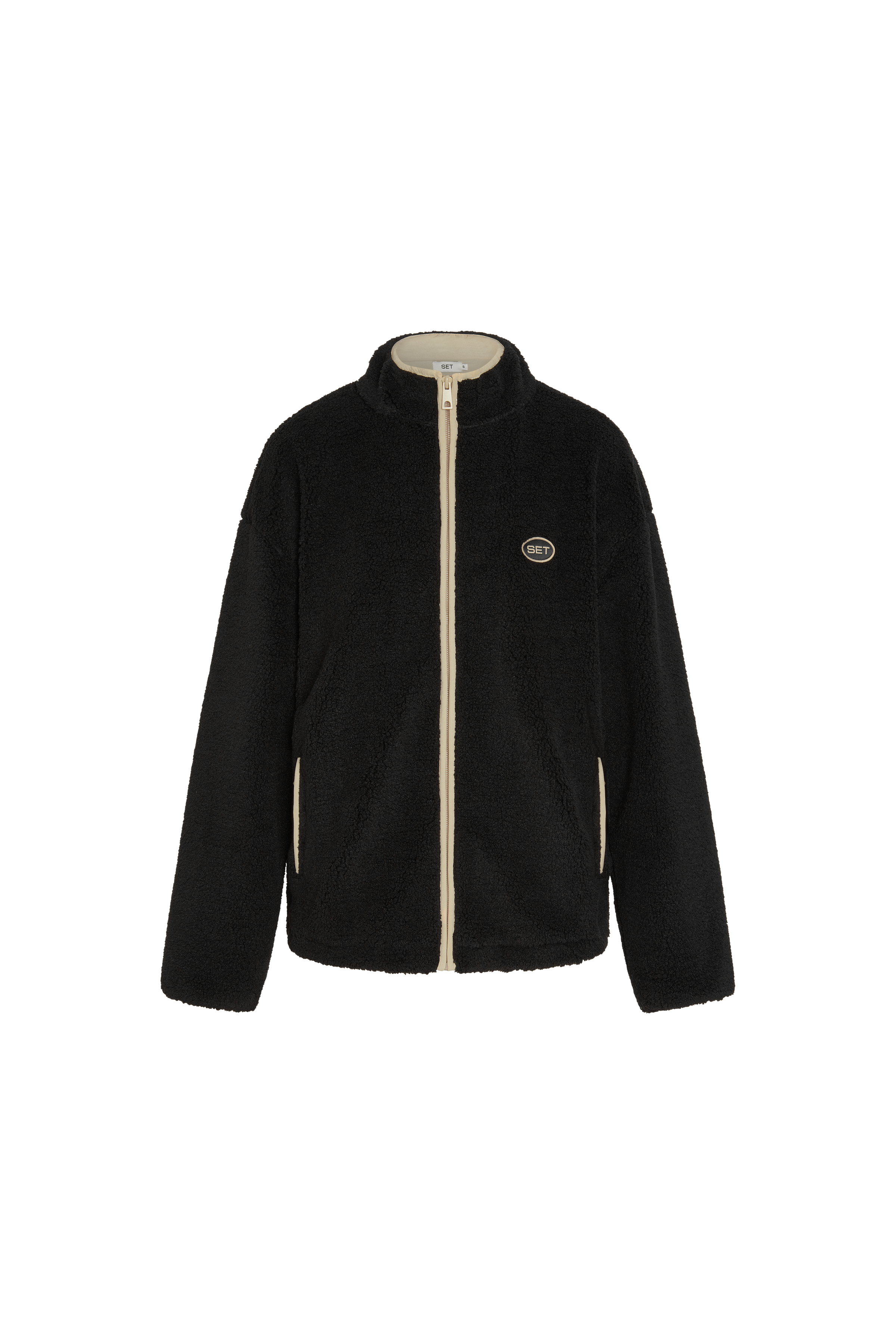 Black fleece jacket with a brand logo on a white background