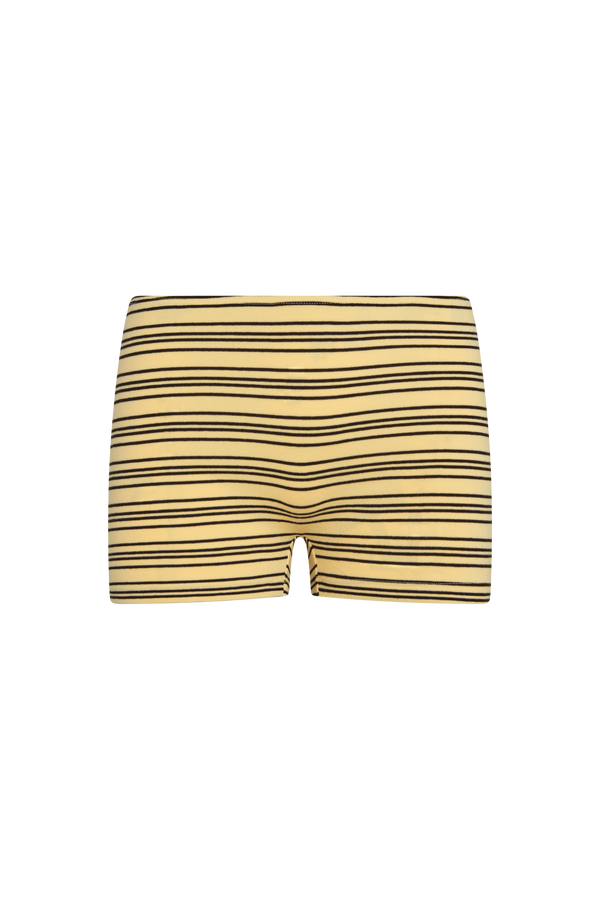 Beige shorts with black wavy pattern on a white background