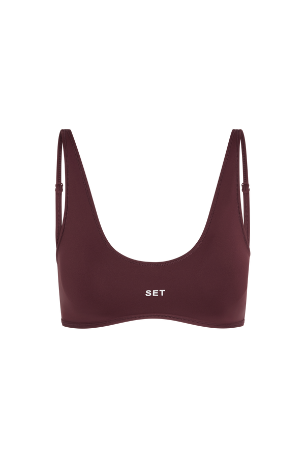 Burgundy bralette with 'SET' logo on a white background