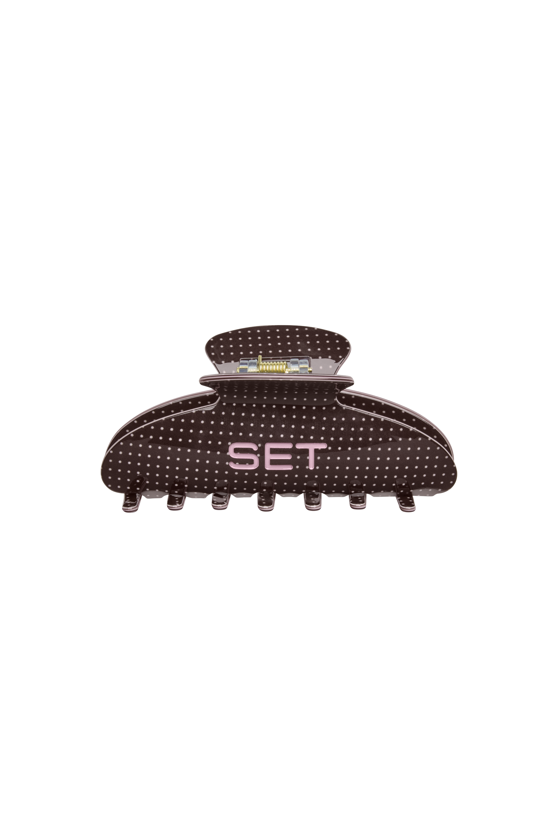 Brown hair clip with 'SET' branding on a white background
