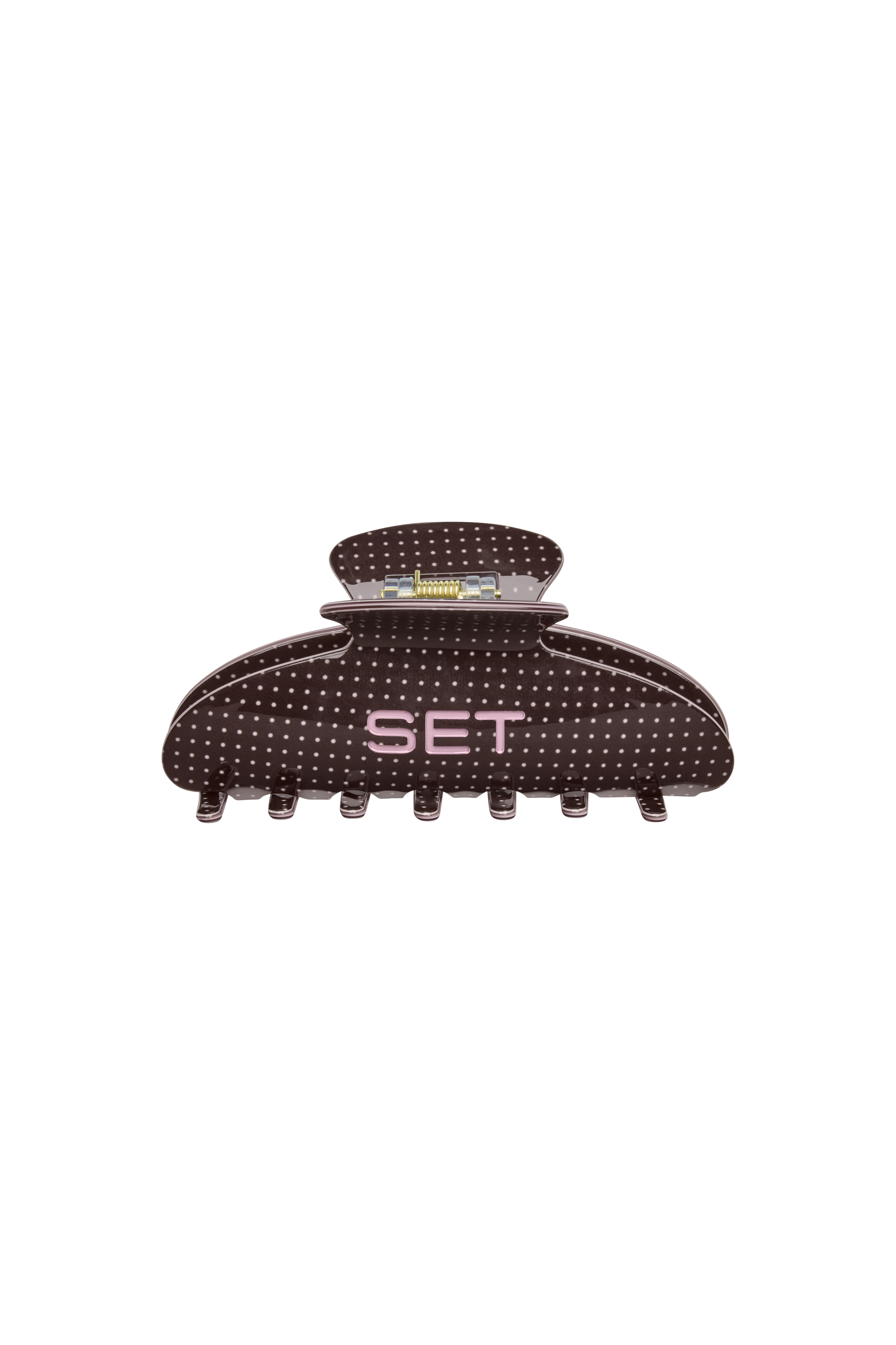 Brown hair clip with 'SET' branding on a white background