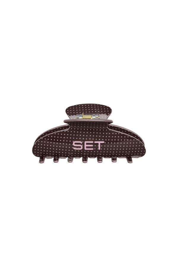 Brown hair clip with 'SET' branding on a white background