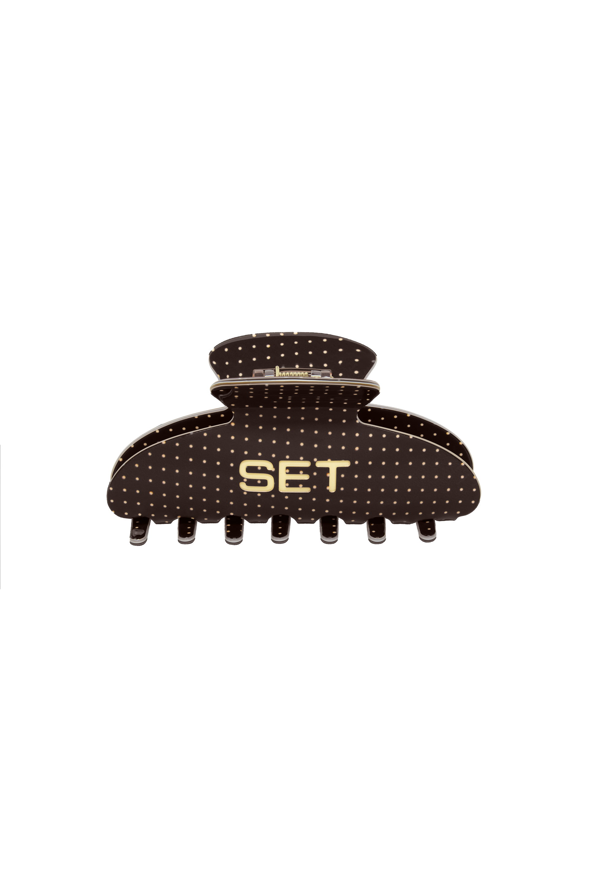 A dark brown claw hair clip with a polka dot pattern and gold lettering that reads 'SET' on the front, shown against a plain white background.