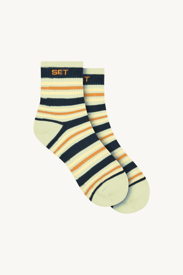 Striped socks with 'SET' branding on a white background