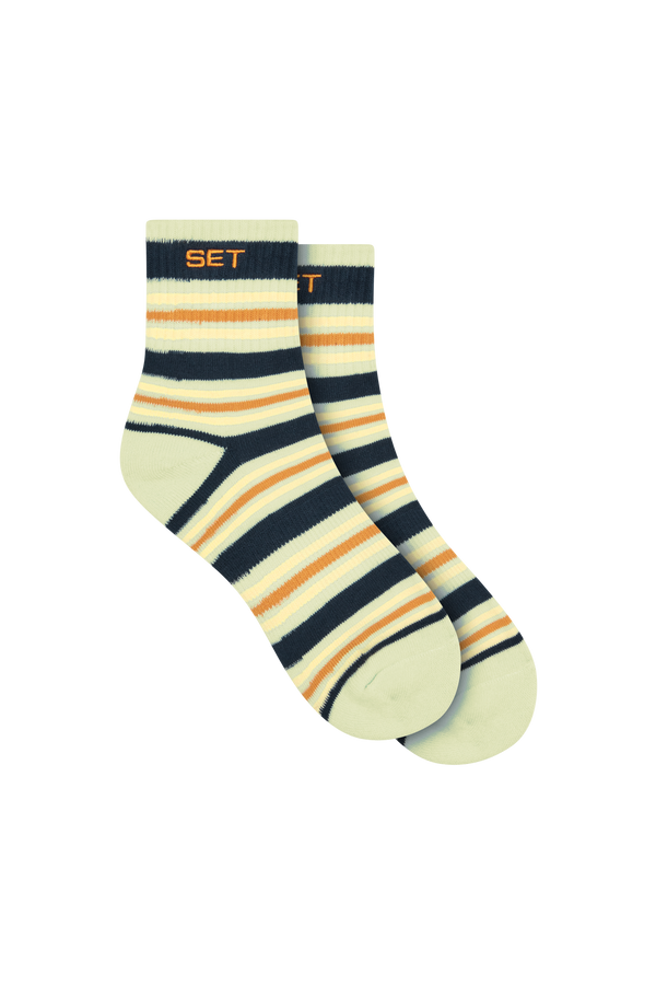Pair of striped socks with 'SET' branding on a white background