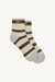 Pair of striped socks with gray, brown, and yellow colors on a white background