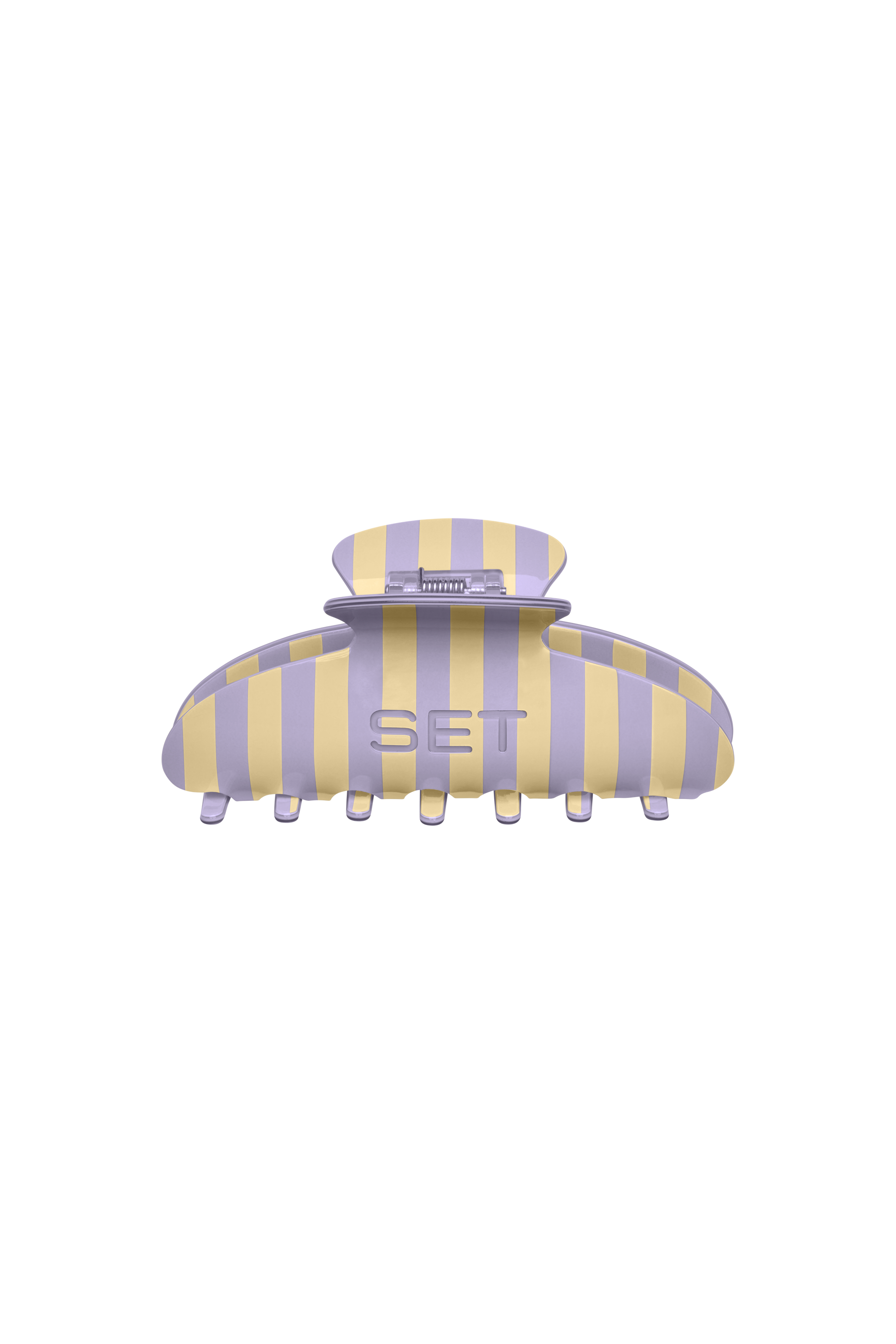Yellow and purple striped hair clip with 'SET' branding on a white background