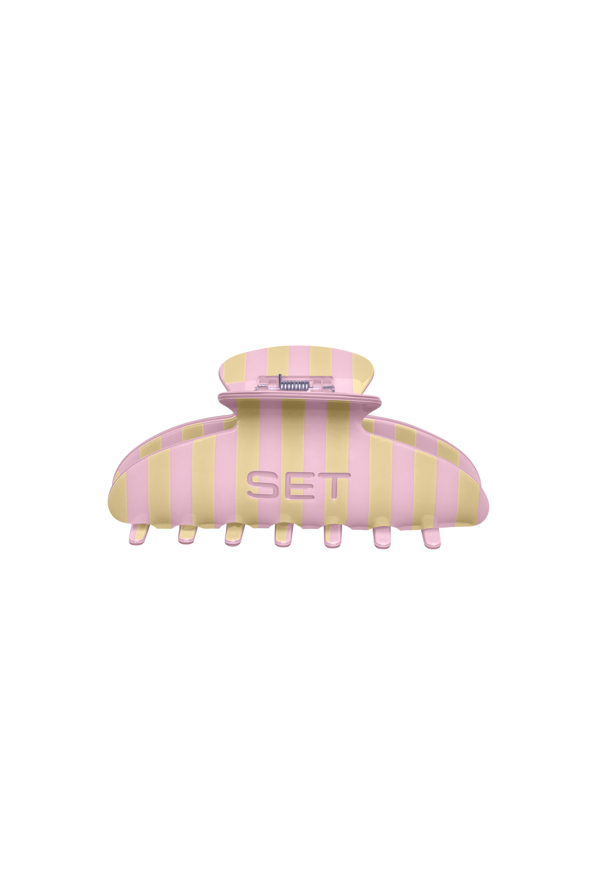 Pink and yellow striped hair clip with 'SET' branding on a white background