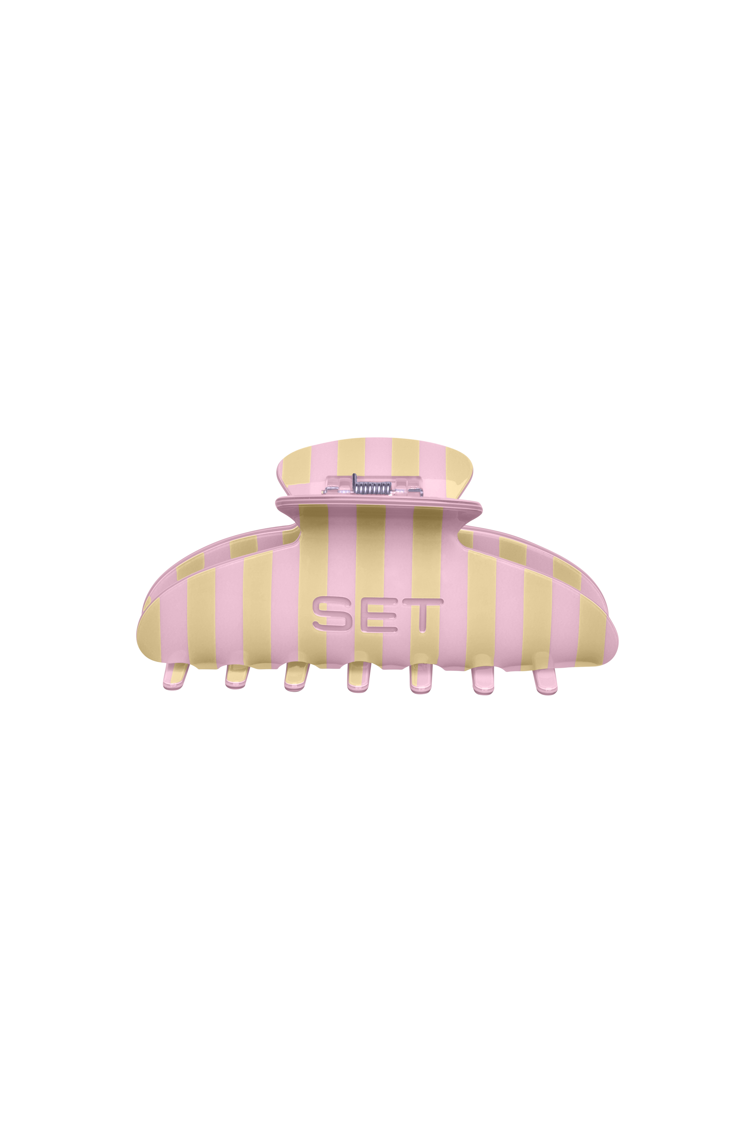 Pink and yellow striped hair clip with 'SET' branding on a white background