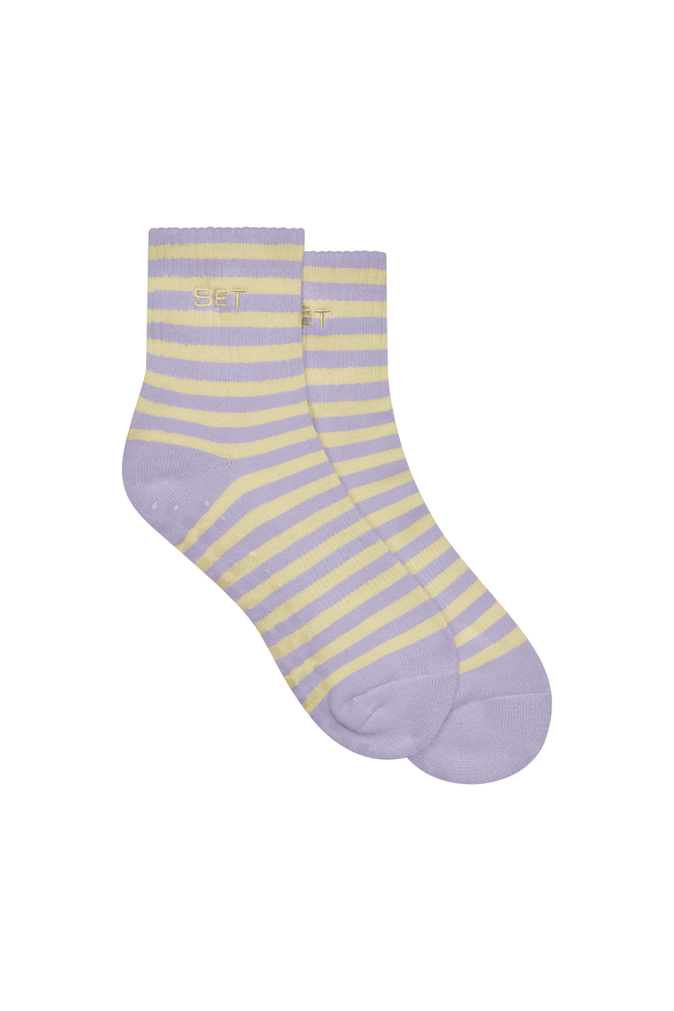 Pair of purple and yellow striped socks on a white background