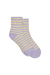 Pair of purple and yellow striped socks on a white background