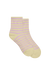 Pair of yellow and pink striped socks on a white background