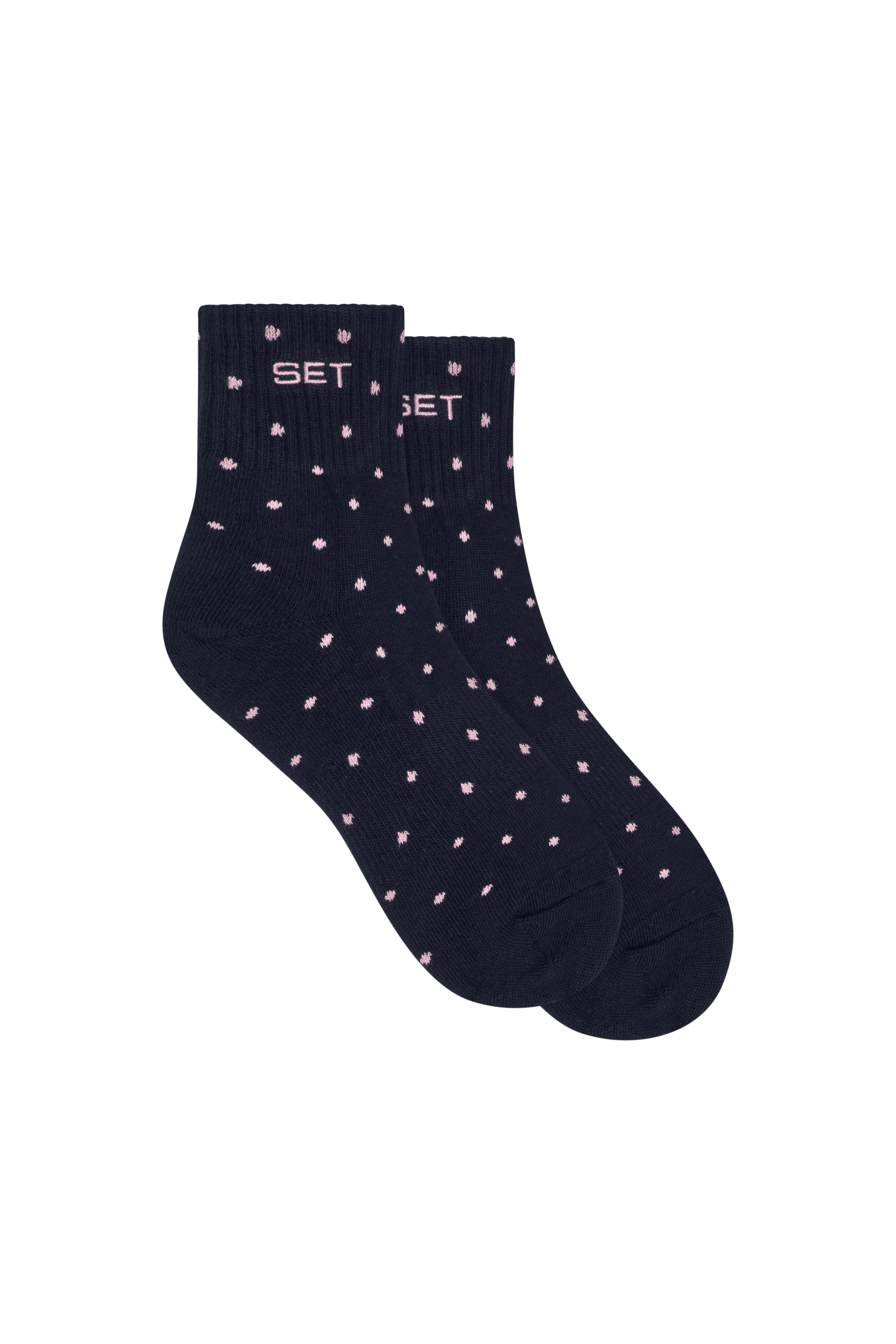 Navy sock with pink polka dots on a white background
