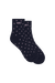 Navy sock with pink polka dots on a white background