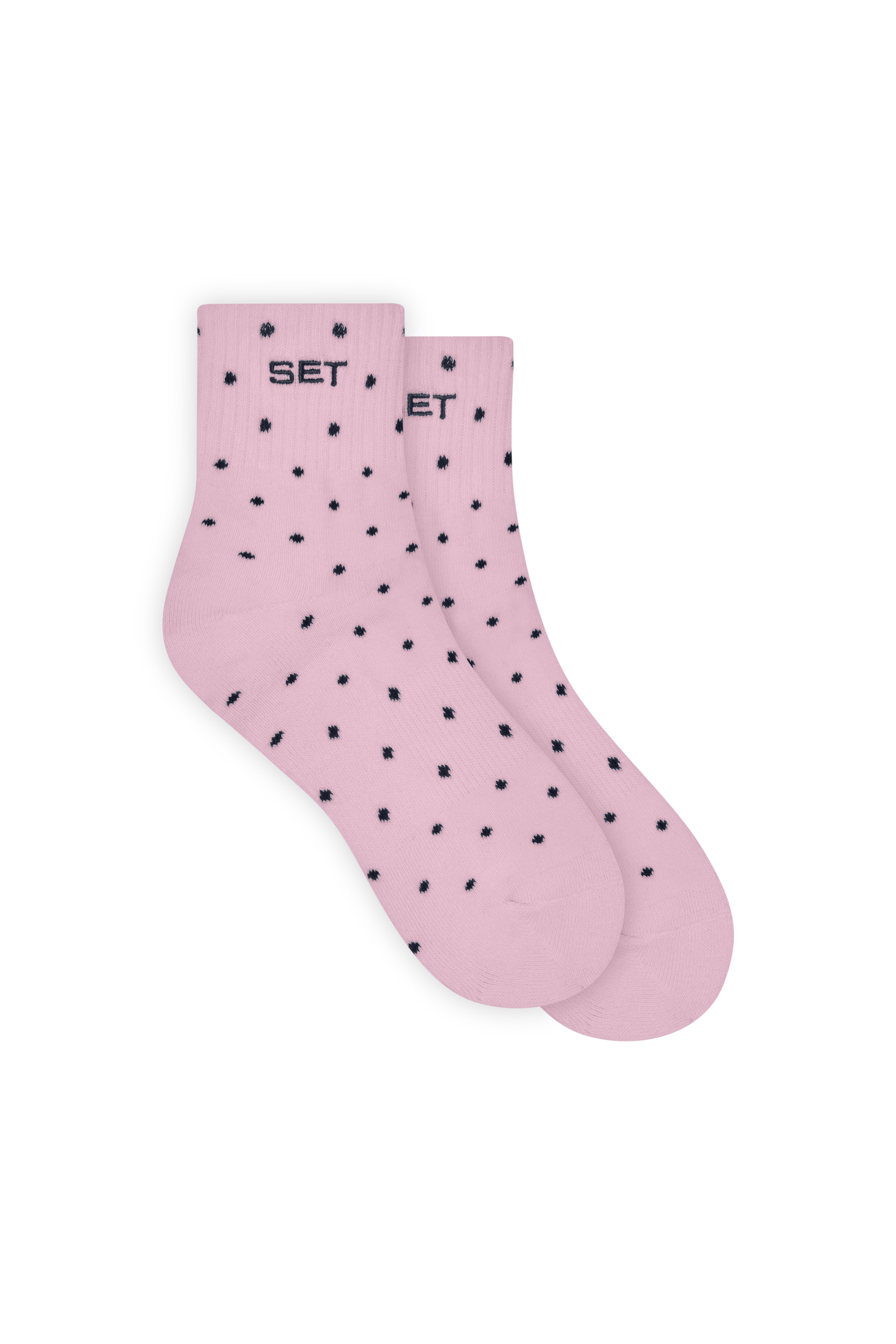 Pink socks with black polka dots on a white background