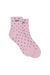 Pink socks with black polka dots on a white background