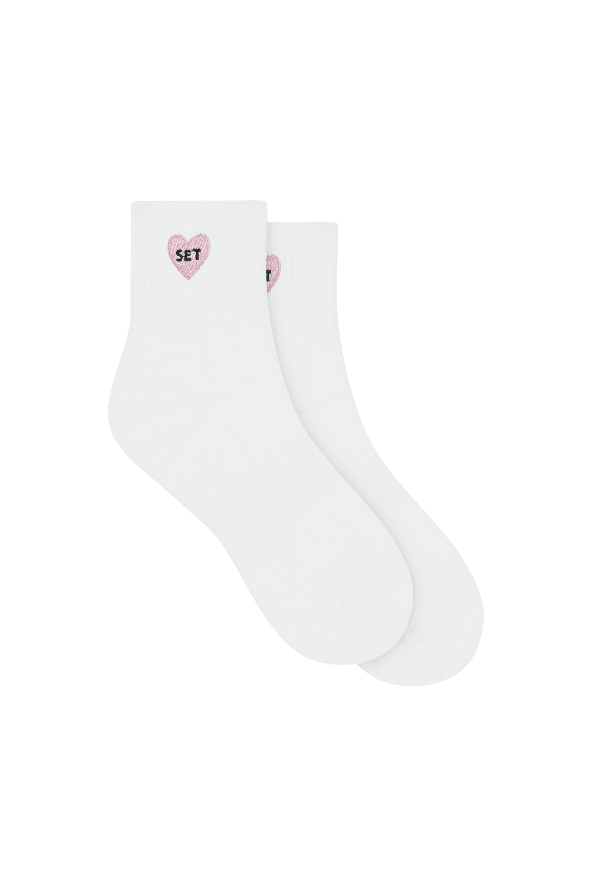 White socks with I LOVE SET pink heart design on a white background