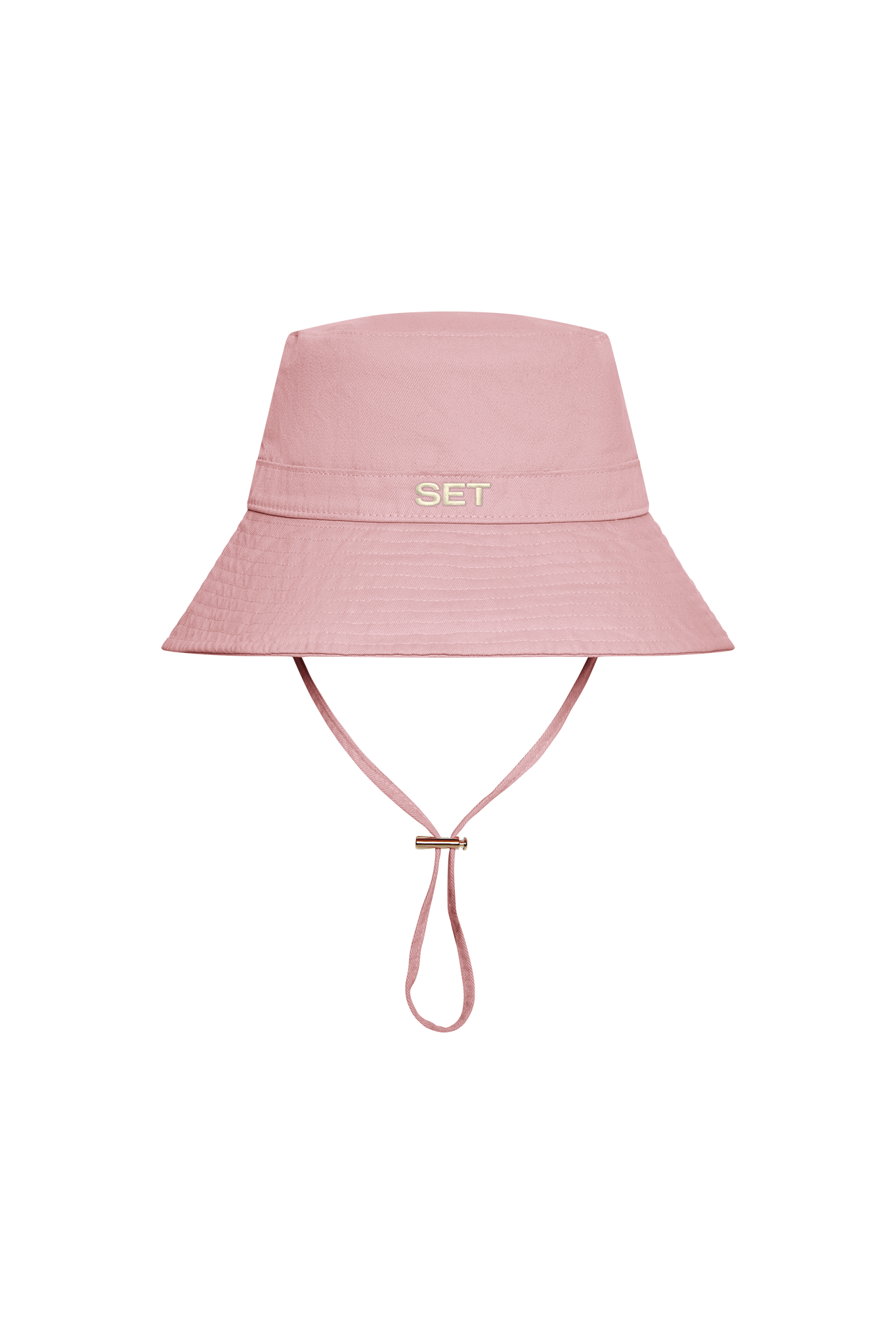 A light pink bucket hat with a chin strap and the word 'SET' embroidered in red on the front, shown against a plain white background.