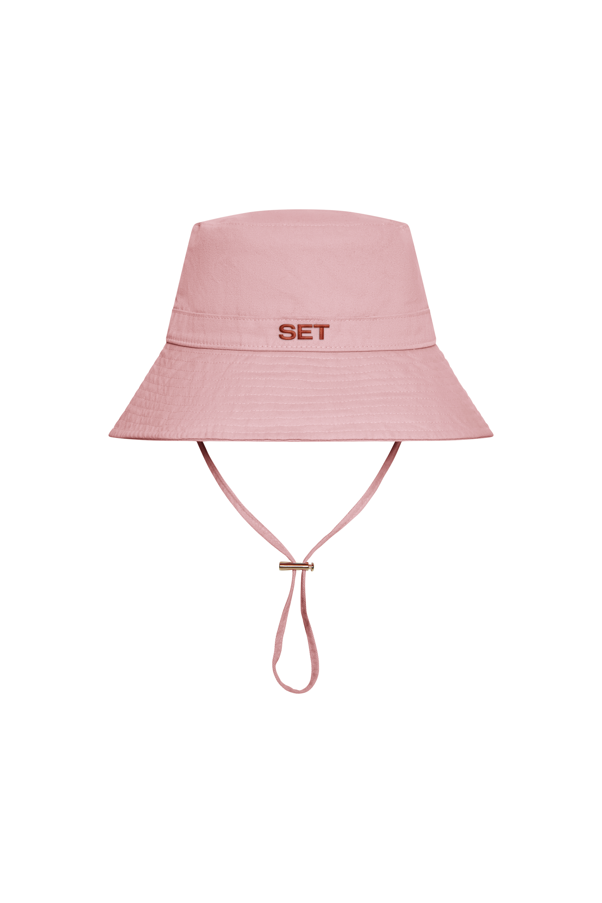 A light pink bucket hat with a chin strap and the word 'SET' embroidered in brown on the front, shown against a plain white background.