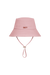 A light pink bucket hat with a chin strap and the word 'SET' embroidered in brown on the front, shown against a plain white background.