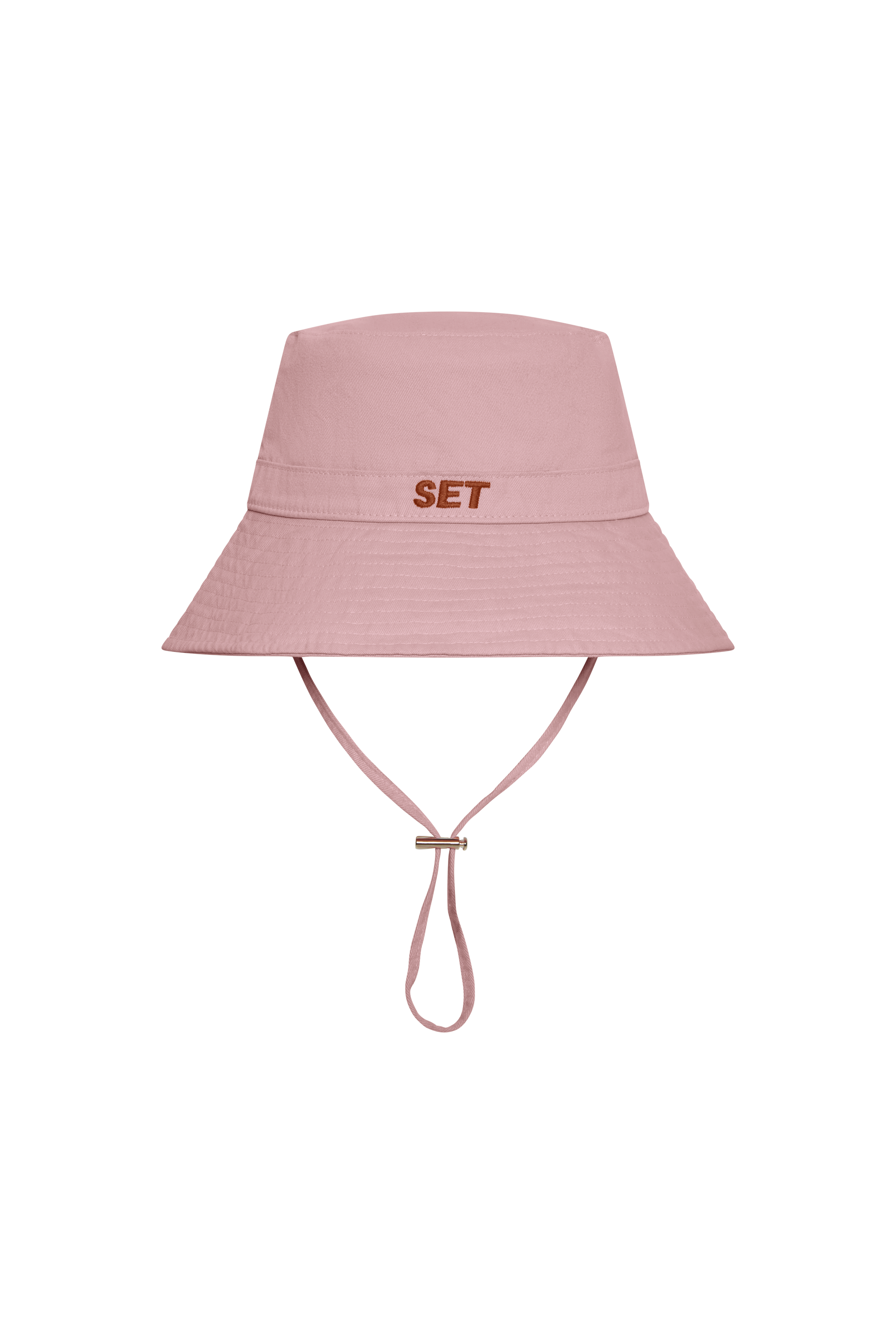 Pink bucket hat with 'SET' branding on a white background