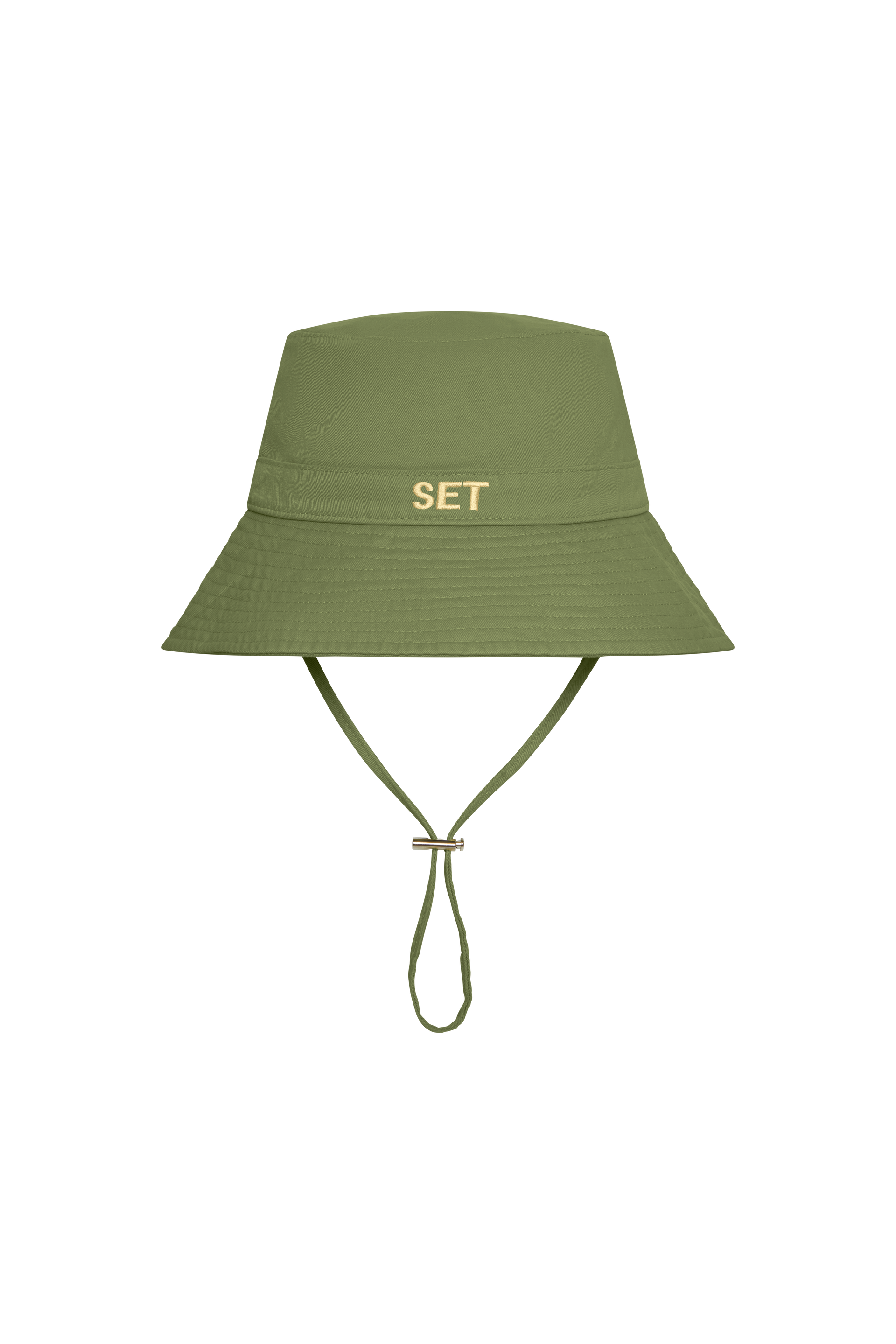Green bucket hat with 'SET' logo on a white background