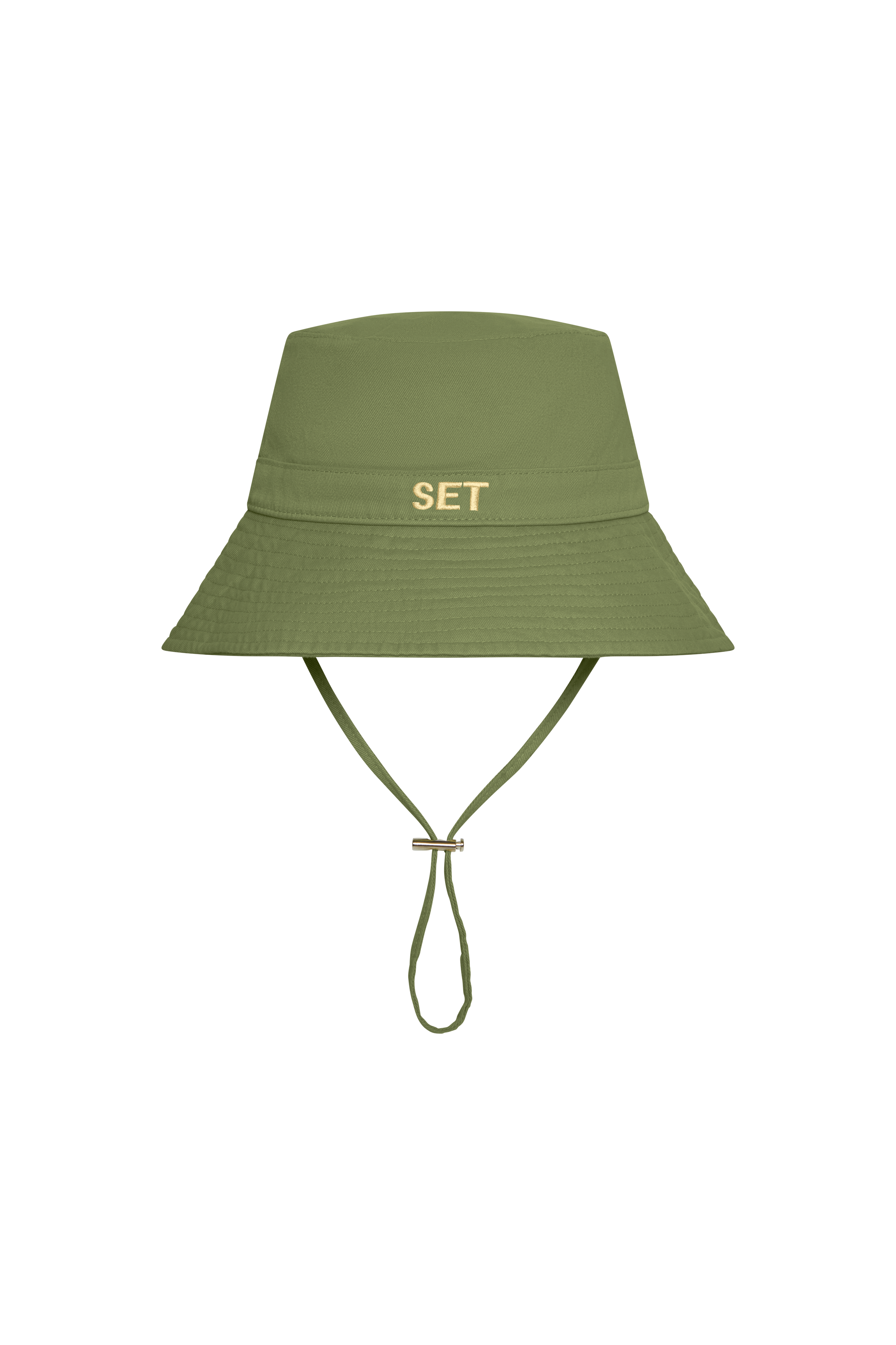 Green bucket hat with 'SET' logo on a white background