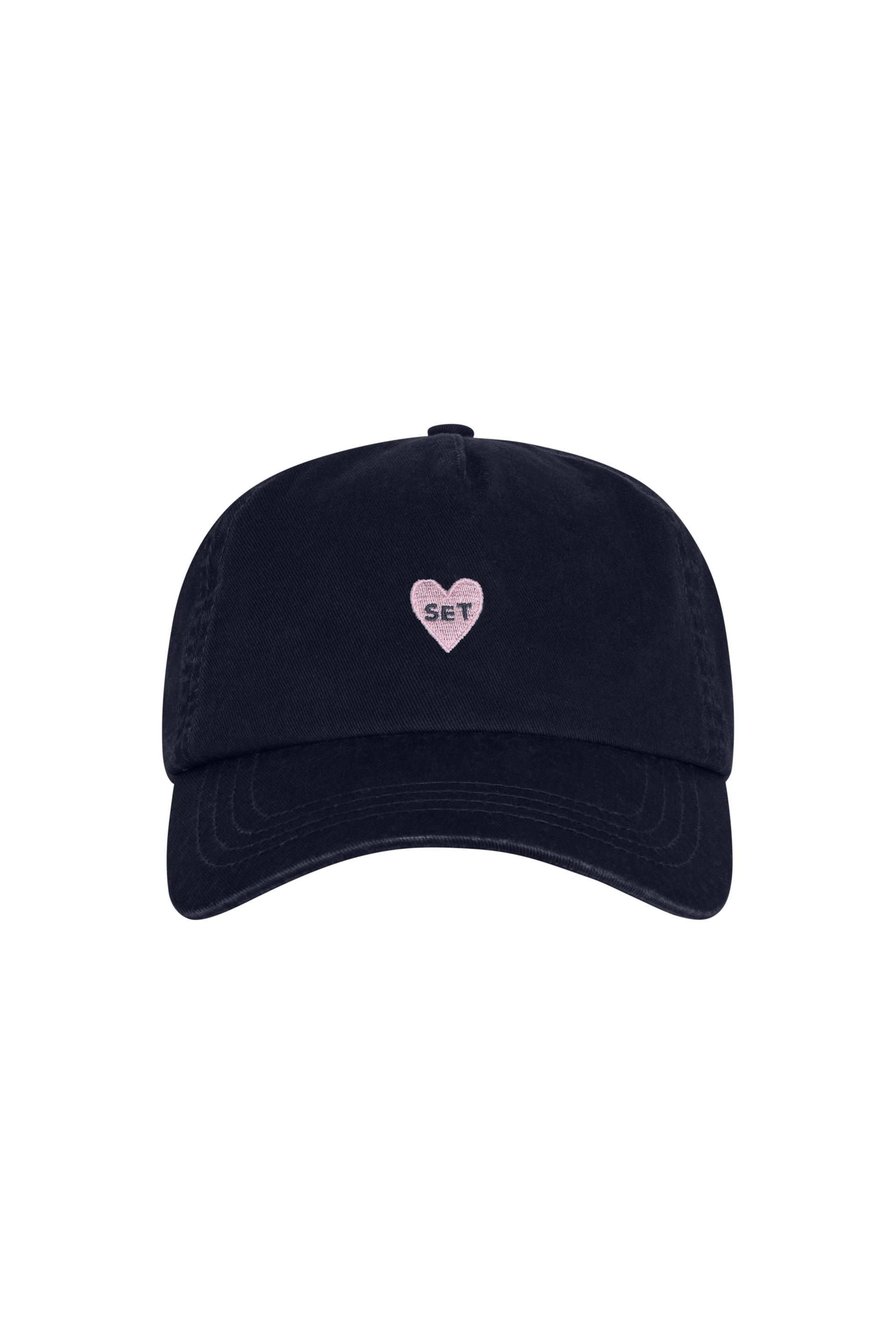 Black cap with a pink heart and 'SET' logo on a white background