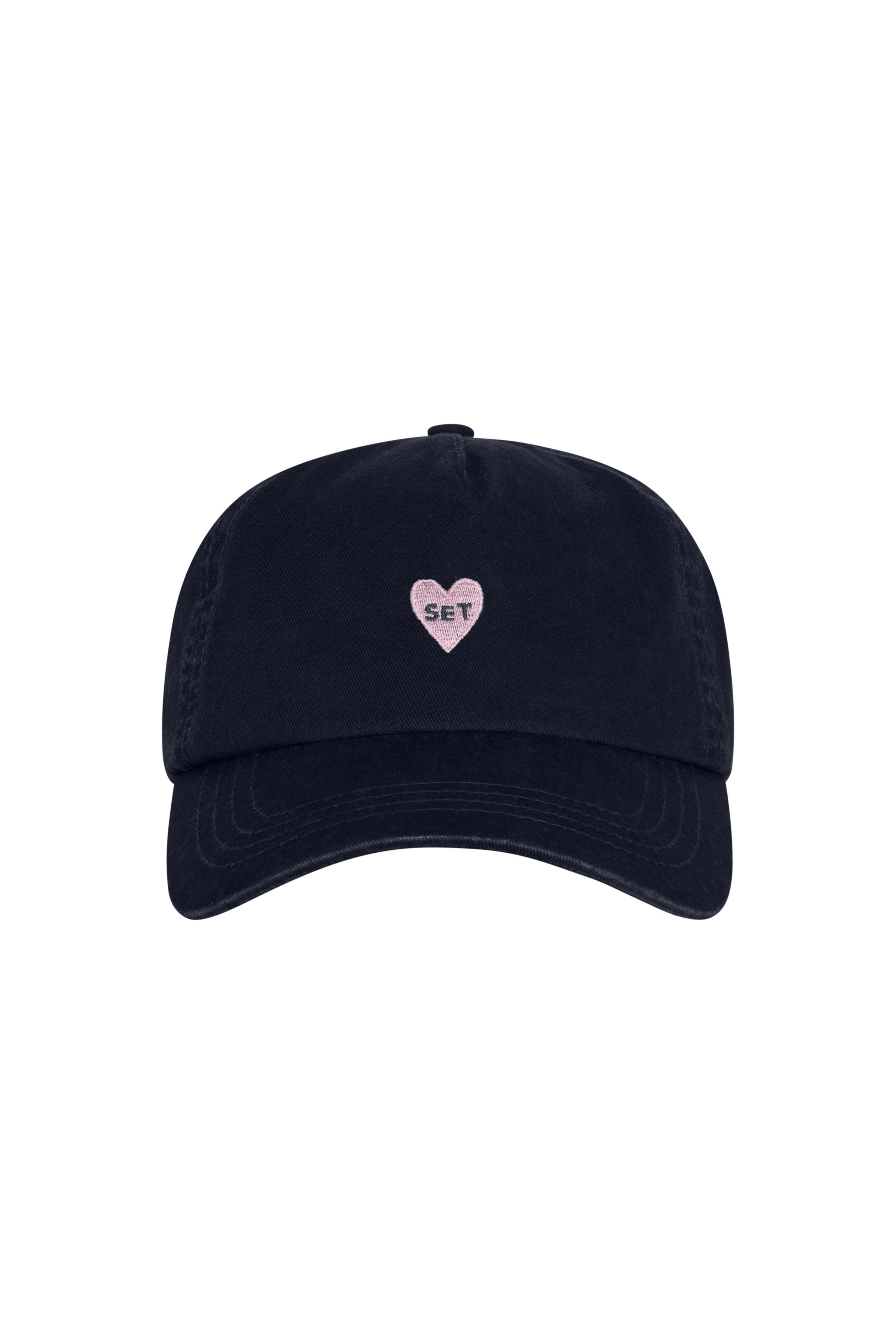 Black cap with a pink heart and 'SET' logo on a white background