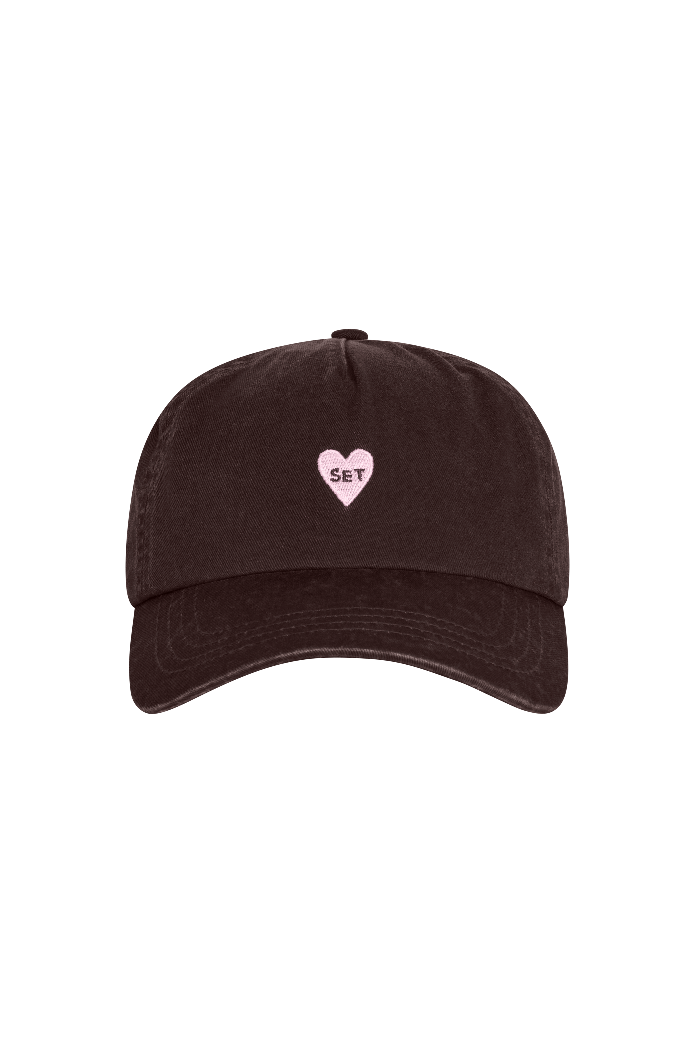 Black cap with a pink heart and 'SET' text on a white background