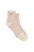 Pair of pink and white striped socks on a white background