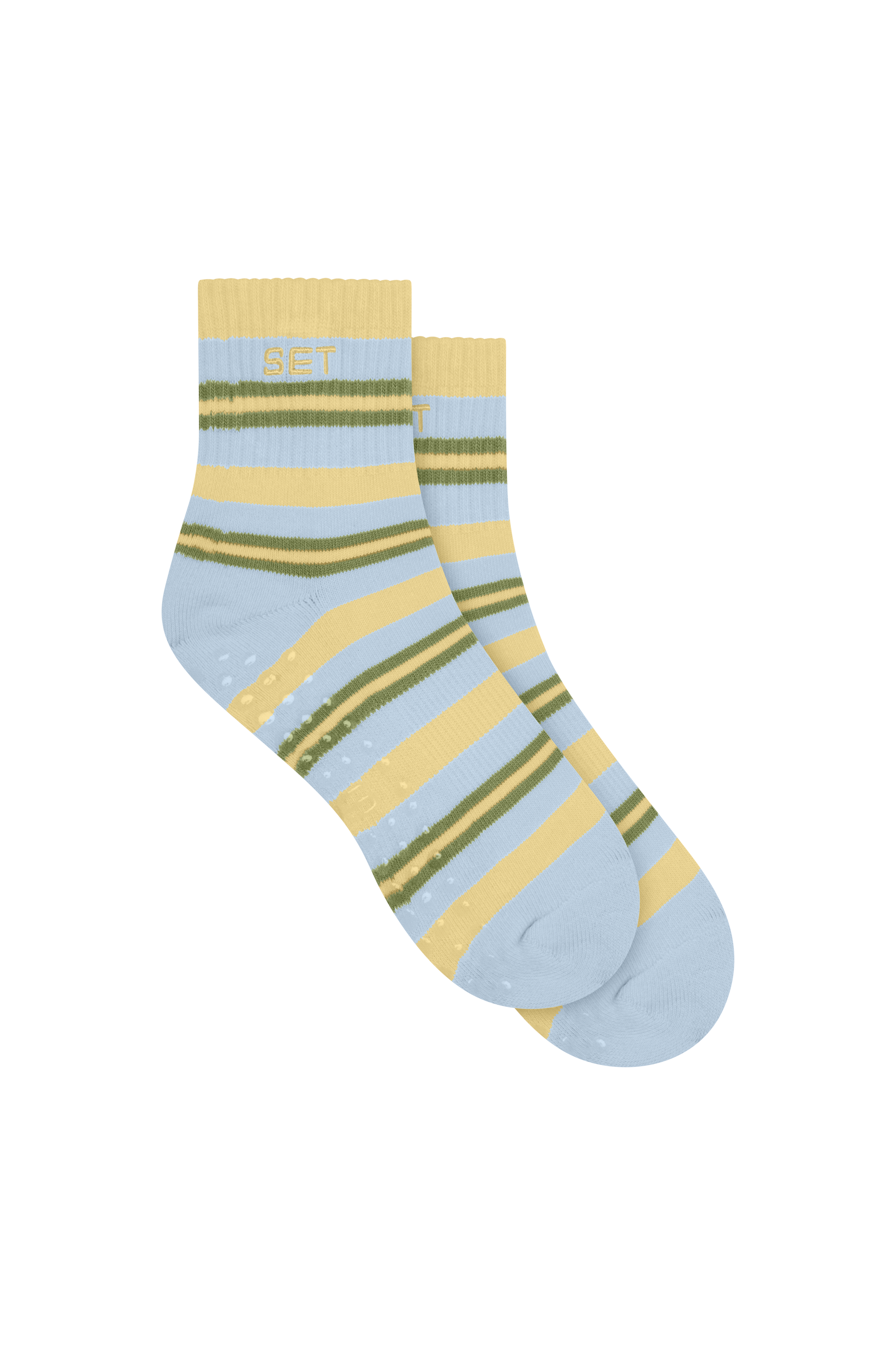 Pair of striped socks with blue, yellow, and green colors on a white background