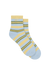Pair of striped socks with blue, yellow, and green colors on a white background